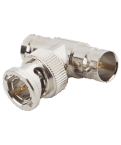 Adaptador en T para 50 Ohm de BNC Macho a Doble BNC Hembra, Maquinado, Níquel/ Oro/ Teflón.
