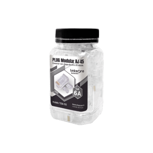 Bote con 100 Piezas de Plug Modular RJ45 Cat6A chapado de oro a 30 micras para durabilidad extrema 1 Bote con 100 Piezas de Plug Modular RJ45 Cat6A chapado de oro a 30 micras para durabilidad extrema