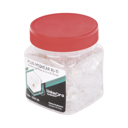 Bote con 100 piezas de plug modular tipo RJ11 de 4 contactos chapado de oro a 50 micras 1 Bote con 100 piezas de plug modular tipo RJ11 de 4 contactos chapado de oro a 50 micras