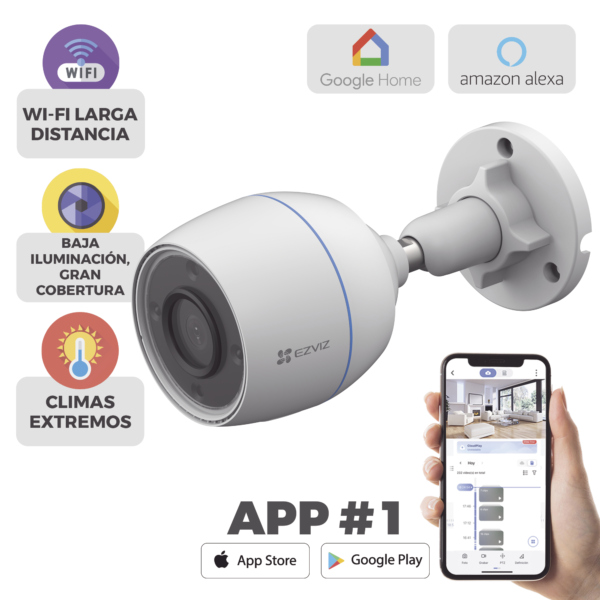 La Bala WiFi de 3 MP incluye detección humana, micrófono integrado, ranura para Micro SD, visión nocturna IR en blanco y negro (30m). Ideal para exteriores.