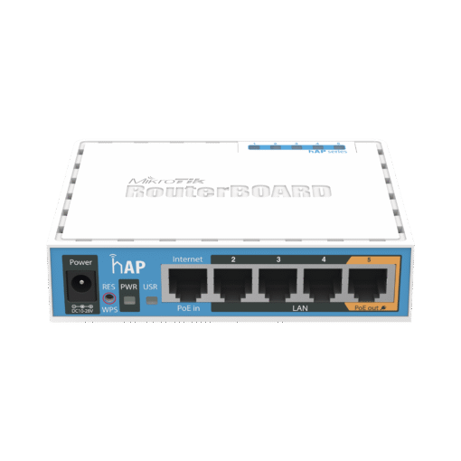 (hAP) con 4 puertos Fast Ethernet y Wi-Fi 2.4 GHz (802.11 b/g/n), incluye puerto USB y PoE in/out 1 (hAP) con 4 puertos Fast Ethernet y Wi-Fi 2.4 GHz (802.11 b/g/n), incluye puerto USB y PoE in/out