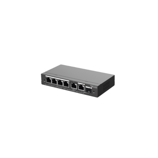 Switch administrable de 6 puertos Gigabit (4 PoE+), 1 Uplink Gigabit y 1 Combo SFP. Gestión gratuita en la nube, 54W 1 Switch administrable de 6 puertos Gigabit (4 PoE+), 1 Uplink Gigabit y 1 Combo SFP. Gestión gratuita en la nube, 54W