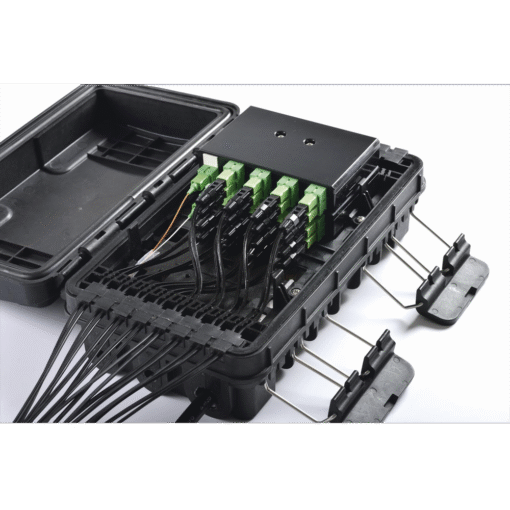 Caja de distribución de fibra óptica para 24 empalmes, con 16 acopladores SC/APC simplex. Exterior IP65 y color negro, ideal para instalaciones al aire libre. 4 Caja de distribución de fibra óptica para 24 empalmes, con 16 acopladores SC/APC simplex. Exterior IP65 y color negro, ideal para instalaciones al aire libre. - Imagen 4