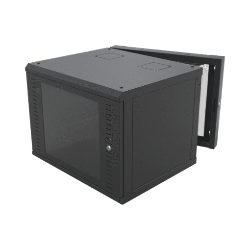 Gabinete abatible de pared con marco trasero, rack de 19" y 12 unidades, ventana de cristal templado. 1 Gabinete abatible de pared con marco trasero, rack de 19" y 12 unidades, ventana de cristal templado.