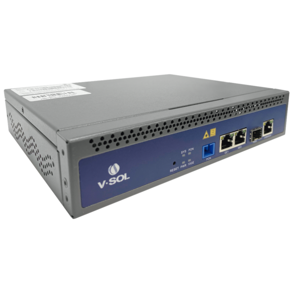 OLT GPON de 1 puerto para hasta 128 ONUs, con 2 puertos Gigabit Ethernet y 1 SFP/SFP+. Ideal para redes ópticas.