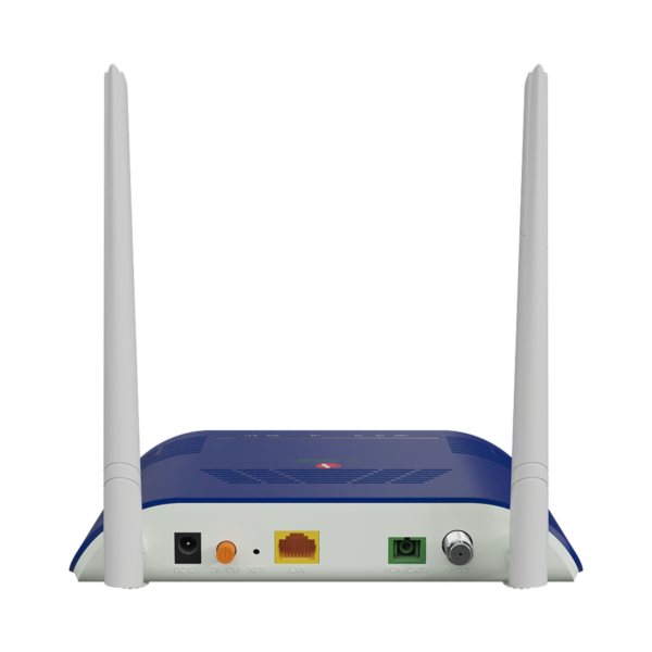 ONU Dual G/EPON con Wi-Fi 2.4 GHz (hasta 300 Mbps), puerto CATV y 1 puerto LAN Gigabit.