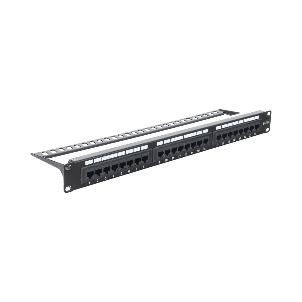 Panel de parcheo de impacto (110) UTP de 24 puertos Cat6A, 19in 1 Panel de parcheo de impacto (110) UTP de 24 puertos Cat6A, 19in