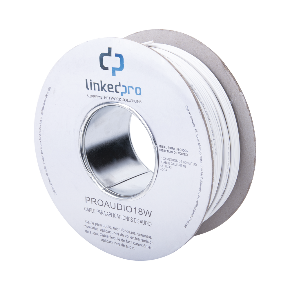 Bobina de 152 m para salidas de audio como bocinas, calibre 18 en 2 hilos de color blanco, Tipo CCA 1 Bobina de 152 m para salidas de audio como bocinas, calibre 18 en 2 hilos de color blanco, Tipo CCA