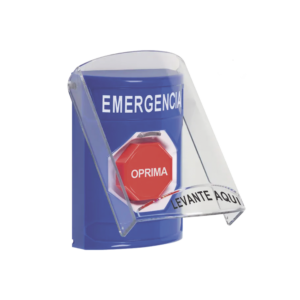 Botón de Emergencia en Español con Tapa Protectora de Policarbonato Súper Resistente, Restablecimiento con Llave y Sirena