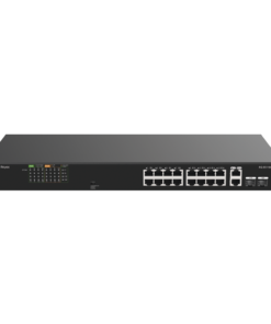 Switch PoE no administrable de 16 puertos 10/100 Mbps con 2 puertos Gigabit, visible en Ruijie Cloud, con un diseño de alta calidad y un presupuesto de PoE de 120 W