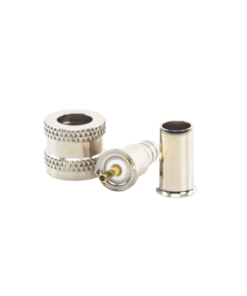 Conector Mini UHF Macho, 50 Ohm, de Anillo Plegable para Cables RG-58/U, RG-142/U, Niquel/Oro/Delrin.
