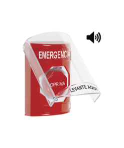 Botón de Emergencia en Español con Tapa Protectora de Policarbonato Súper Resistente, Acción Mantenida, Girar para Restablecer y Sirena