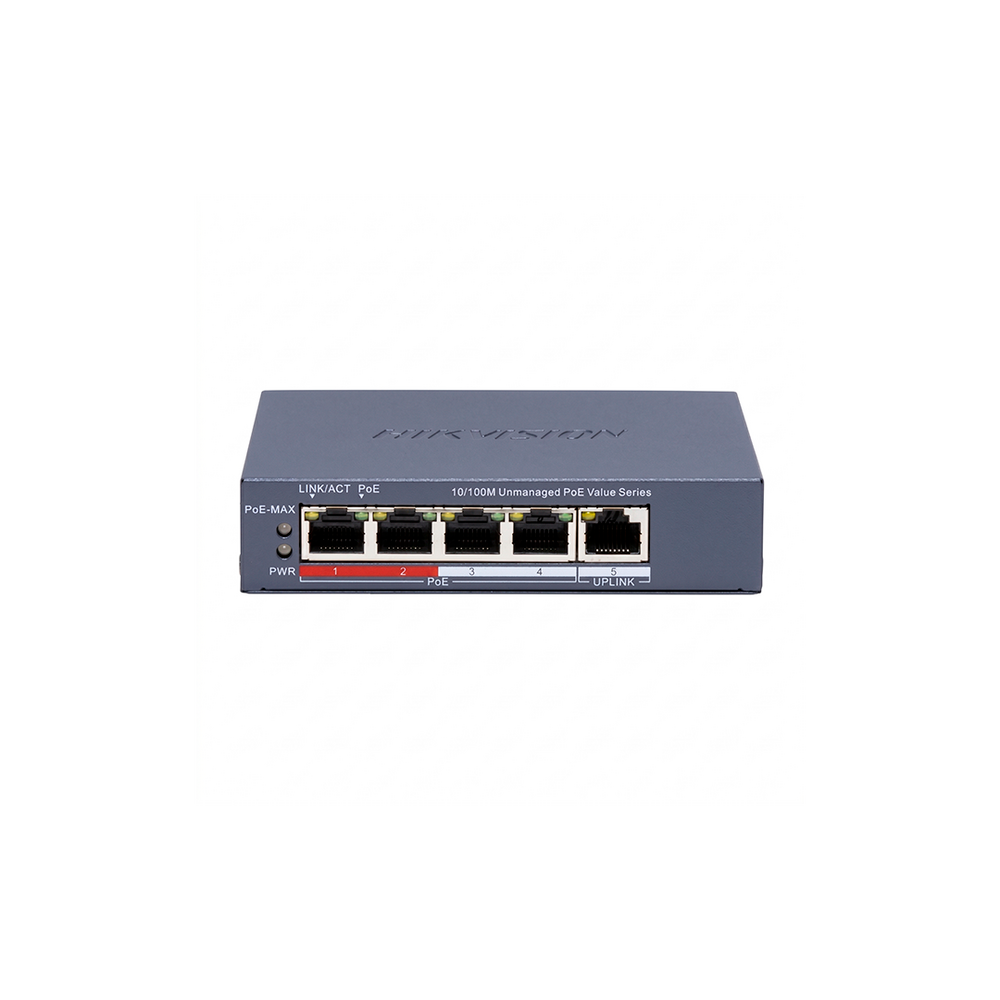 Switch PoE+ / Monitoreable / 4 Puertos 100 Mbps PoE+ / 1 Puerto 100 Mbps Uplink / Configuración Nube Hik-PartnerPro / Modo Extendido hasta 300 Metros / 38Watts 1 Switch PoE+ / Monitoreable / 4 Puertos 100 Mbps PoE+ / 1 Puerto 100 Mbps Uplink / Configuración Nube Hik-PartnerPro / Modo Extendido hasta 300 Metros / 38Watts