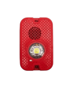 Sirena con Lámpara LED Estroboscópica / a 2 Hilos / Montaje en Pared / 12 o 24 Vcd / Configuración Estroboscópica Seleccionable / Texto en Inglés / Color Rojo