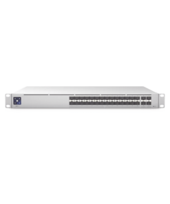 Alternative view of UniFi Switch PRO Aggregation Capa 3 para fibra óptica con 28 puertos SFP+ (10G) y 4 puertos SFP28 (25G), pantalla informativa