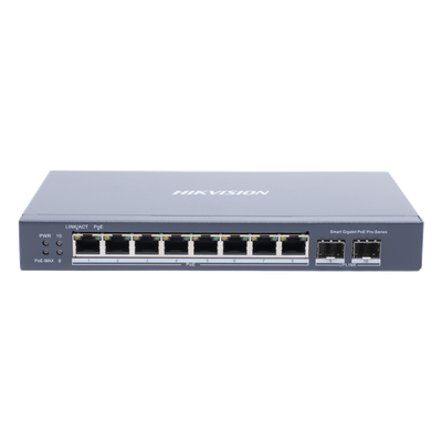 Switch Gigabit PoE+ / Administrable / 8 puertos 10/100/1000 Mbps PoE+ / 2 puertos SFP / configuración remota desde Hik-ProConnect / PoE hasta 250 metros / 110 W 1 Switch Gigabit PoE+ / Administrable / 8 puertos 10/100/1000 Mbps PoE+ / 2 puertos SFP / configuración remota desde Hik-ProConnect / PoE hasta 250 metros / 110 W